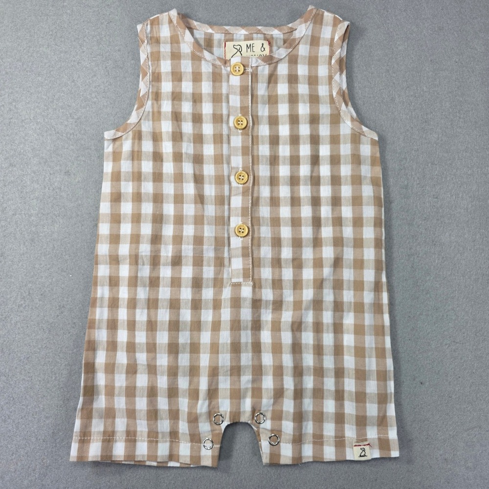 Me & Henry London Tan Gingham Cotton Romper Sleeveless 0-3M HB243A